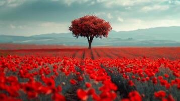 ai generado solitario árbol en campo de rojo flores foto