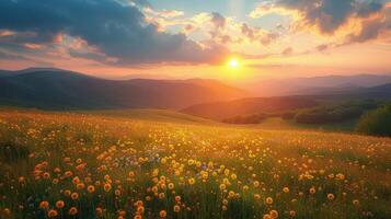 AI generated Sun Setting Over Wildflower Field photo