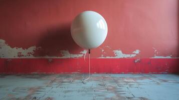 AI generated White Balloon Floating in Room With Red Wall photo