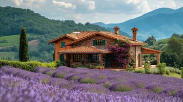 AI generated Lavender Field With House in Background photo