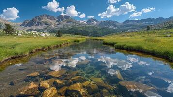 AI generated Stream Flowing Through Lush Green Valley photo