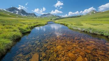 AI generated Stream Flowing Through Lush Green Valley photo