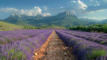 ai generado lavanda campo con montañas foto