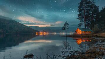 ai generado tienda por lago debajo estrellado noche cielo foto