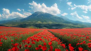 AI generated Field of Orange Flowers With Background Mountains photo