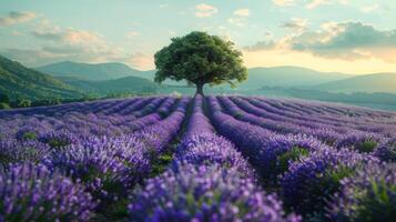 AI generated Lone Tree in Lavender Field photo