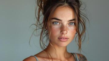 AI generated Young Woman With Blue Eyes in Messy Top Knot photo