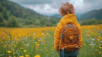 ai generado pequeño chico caminando mediante campo de amarillo flores foto