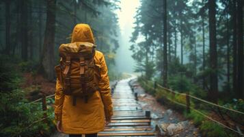 ai generado persona en amarillo impermeable caminando en bosque foto