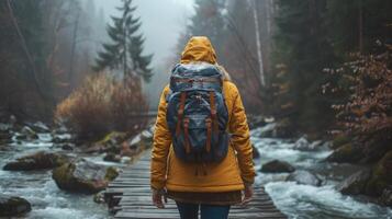 AI generated Person in Yellow Raincoat Walking in Forest photo