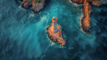 AI generated Aerial View of Lighthouse in Middle of Ocean photo