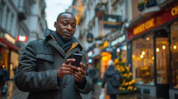 AI generated Man Standing on City Street Looking at Cell Phone photo