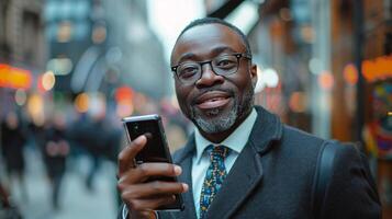 AI generated Man Standing on City Street Looking at Cell Phone photo