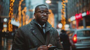 AI generated Man Standing on City Street Looking at Cell Phone photo