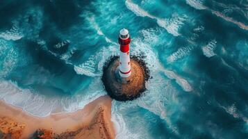 ai generado aéreo ver de faro en medio de Oceano foto