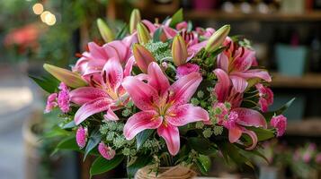 AI generated Pink Flowers in Vase on Table photo