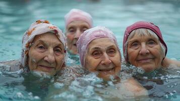 ai generado grupo de más viejo mujer nadando en piscina foto