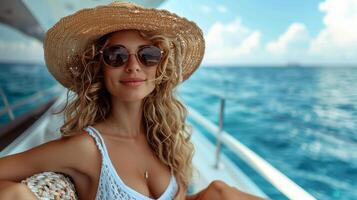 AI generated Woman in Yellow Dress and Hat on Boat photo