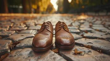 ai generado marrón Zapatos en guijarro la carretera foto