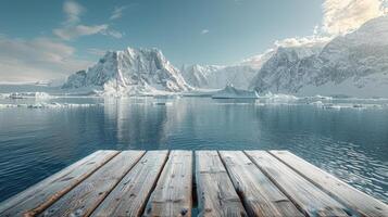 AI generated Wooden Dock With Iceberg in Background photo