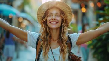 ai generado sonriente mujer en sombrero con brazos extendido foto