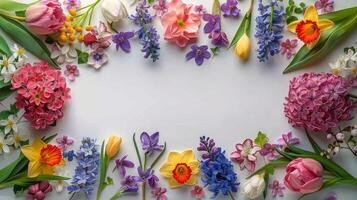 ai generado circulo de flores en blanco superficie foto