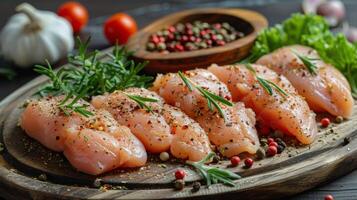 ai generado de madera corte tablero con crudo pescado foto