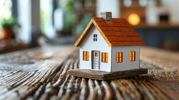 AI generated Small House on Wooden Table photo