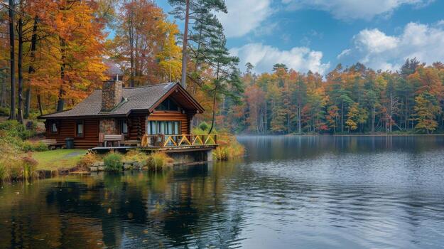 AI generated Log Cabin by Lake photo