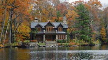 AI generated Log Cabin by Lake photo