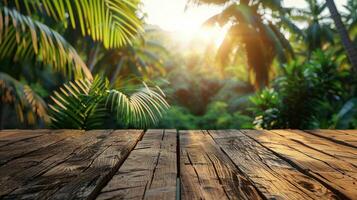 ai generado luz de sol filtración mediante arboles sobre de madera mesa foto