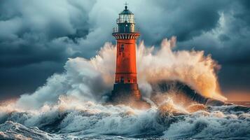 AI generated White Lighthouse on Rock in Ocean photo