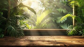 AI generated Wooden Table Surrounded by Green Plants photo