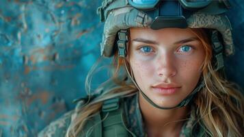 ai generado hembra soldado en militar uniforme con casco foto