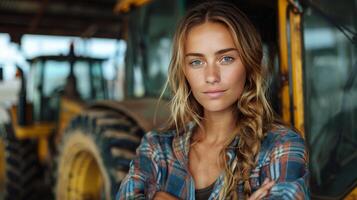 ai generado mujer en pie en frente de tractor foto