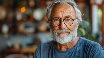 ai generado más viejo hombre con blanco barba y lentes foto