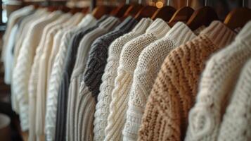 AI generated Row of Sweaters Hanging on Rack photo