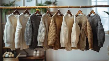 AI generated Row of Sweaters Hanging on Rack photo