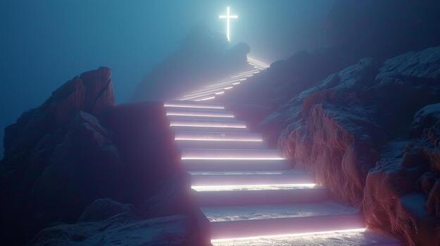 AI generated Stairway Ascending to Cross in Cloudy Sky photo
