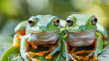 ai generado dos ranas encaramado en verde hoja foto