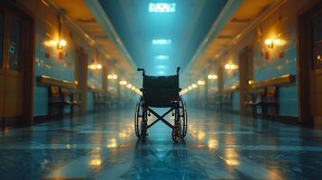 ai generado silla de ruedas en hospital pasillo foto
