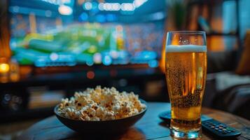 AI generated Bowl of Popcorn and Beer Glass on Table photo