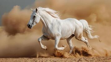 ai generado blanco caballo corriendo en Desierto polvo foto