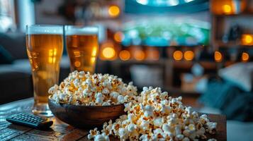 AI generated Bowl of Popcorn and Beer Glass on Table photo