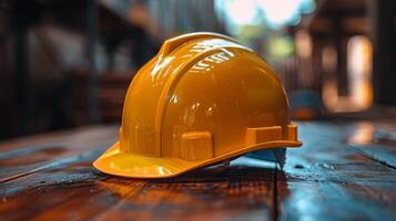 AI generated Yellow Hard Hat on Wooden Floor photo