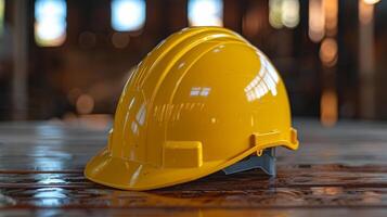 AI generated Yellow Hard Hat on Wooden Table photo