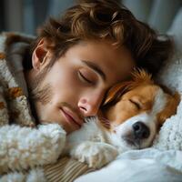 AI generated Man Laying in Bed With Dog photo
