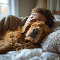 AI generated Man Laying in Bed With Dog photo