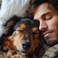AI generated Man Laying in Bed With Dog photo
