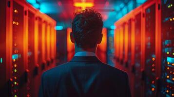 AI generated Man Standing in Front of Row of Servers photo